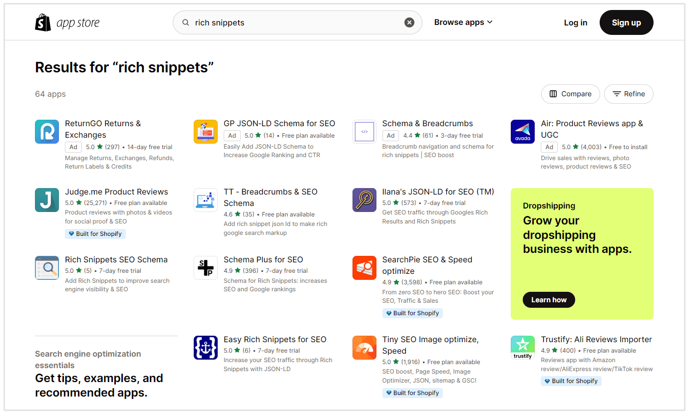 aplicativo de rich snippets do shopify marketplace